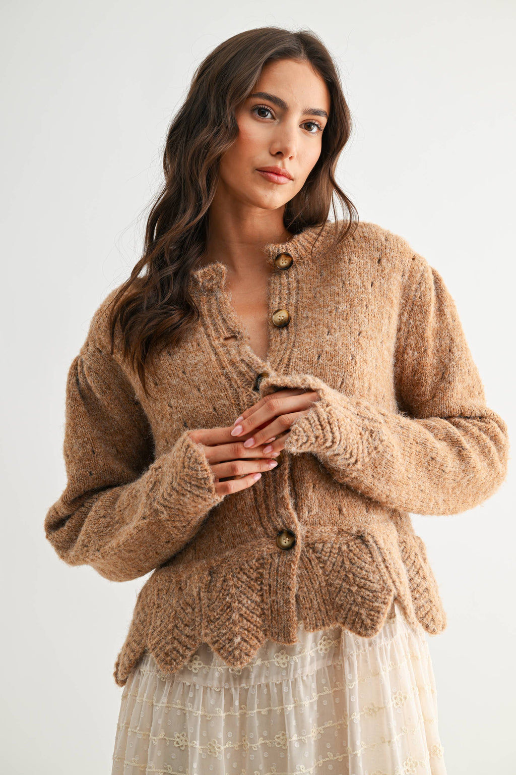 Scallop Hem Wool Blend Cardigan