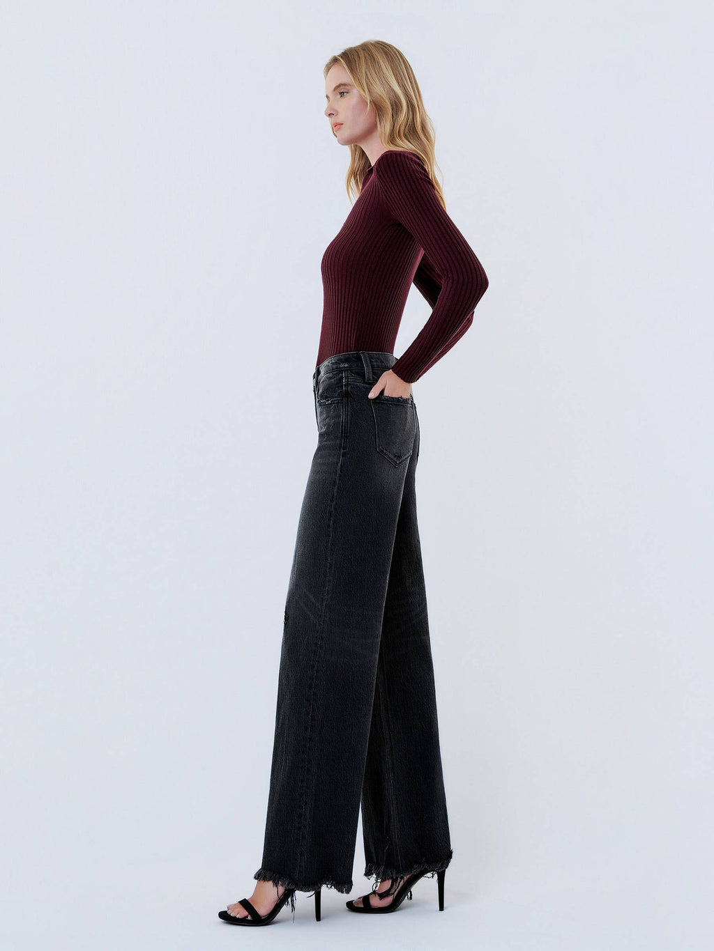 Olivia Distressed Hem Wide Leg Jeans — Washed Black