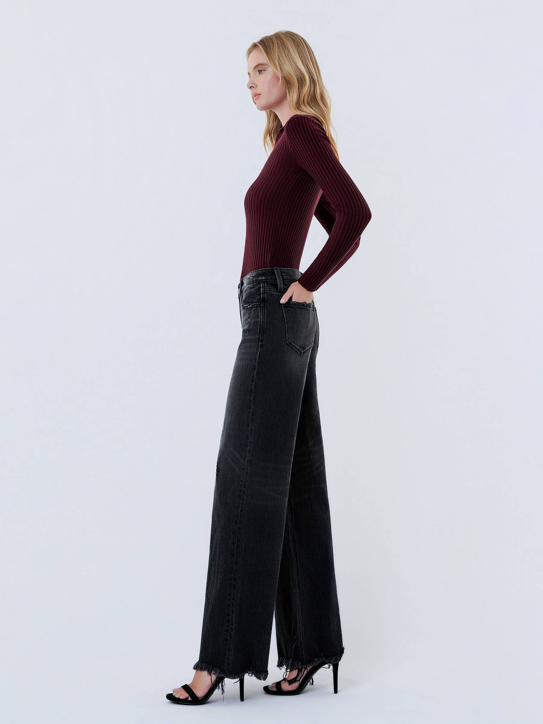 Olivia Distressed Hem Wide Leg Jeans — Washed Black