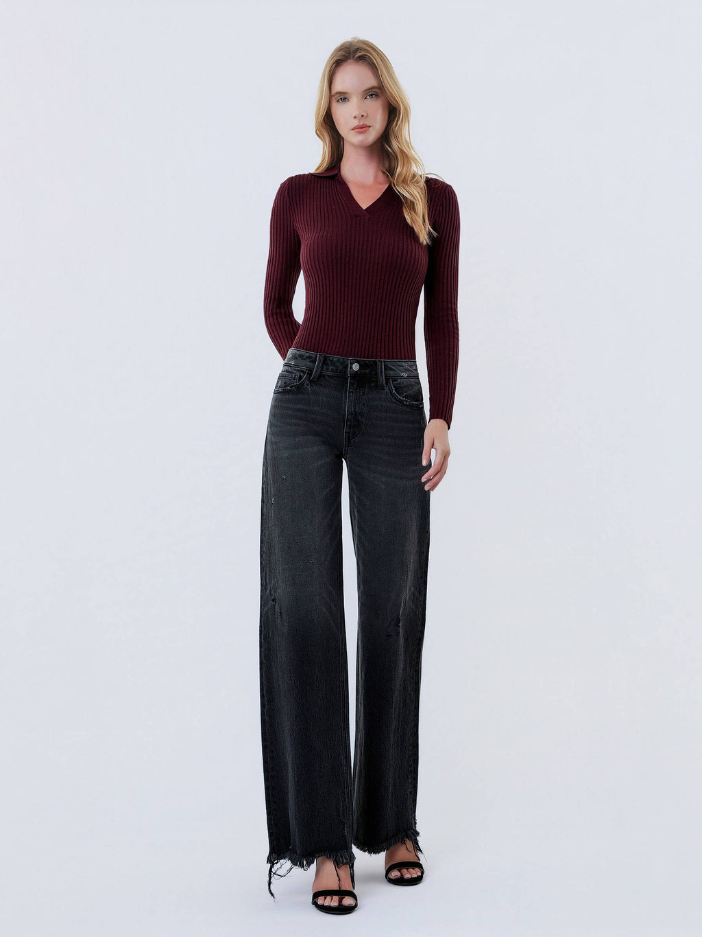 Olivia Distressed Hem Wide Leg Jeans — Washed Black