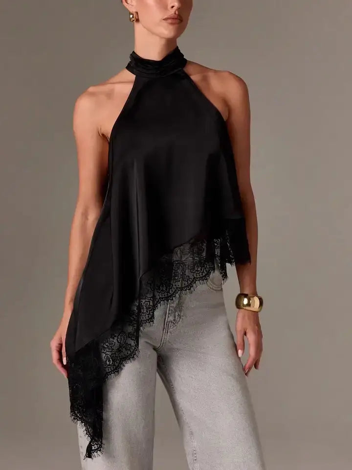 Lacey Asymmetric Satin Halter Top
