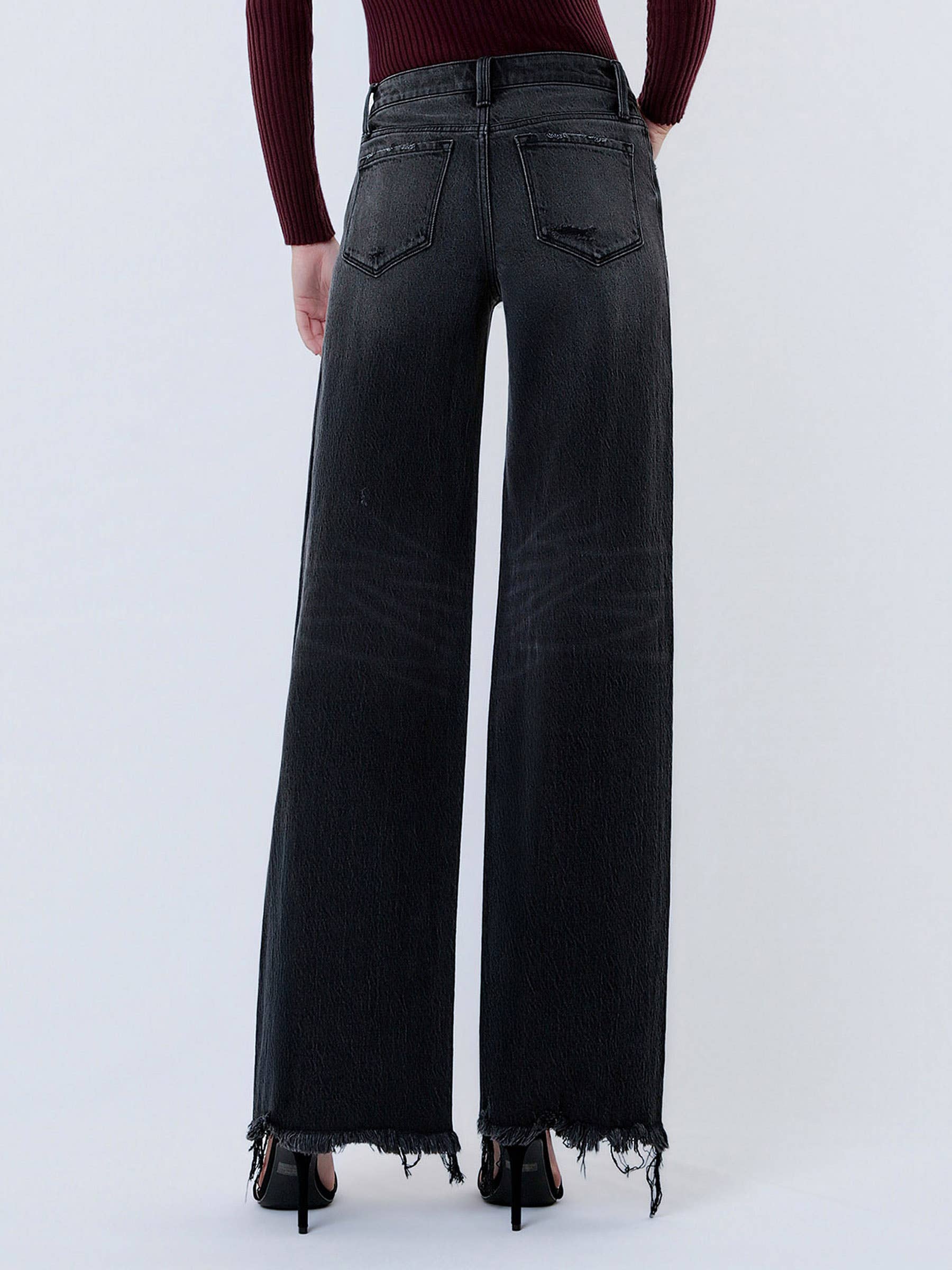 Olivia Distressed Hem Wide Leg Jeans — Washed Black