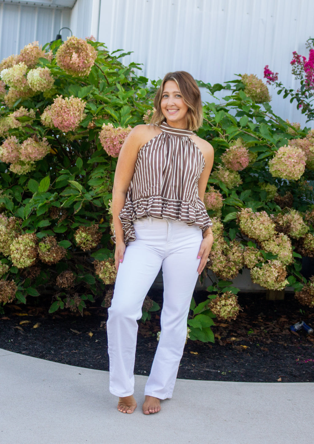 Chrissie Stripe Halter Ruffle Top