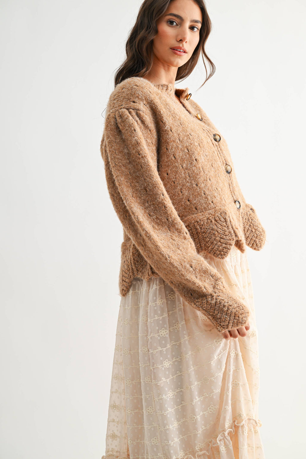 Scallop Hem Wool Blend Cardigan