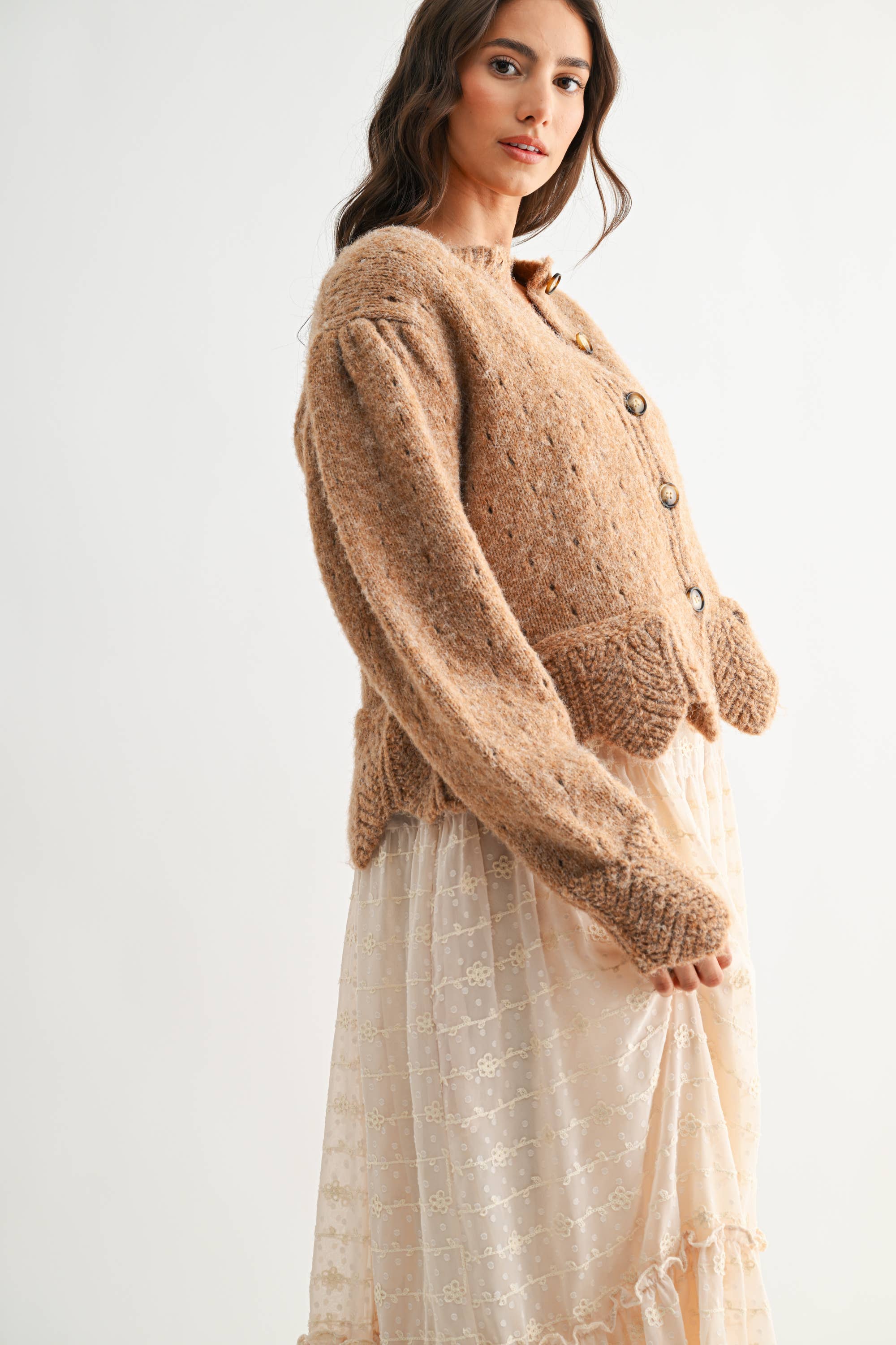 Scallop Hem Wool Blend Cardigan