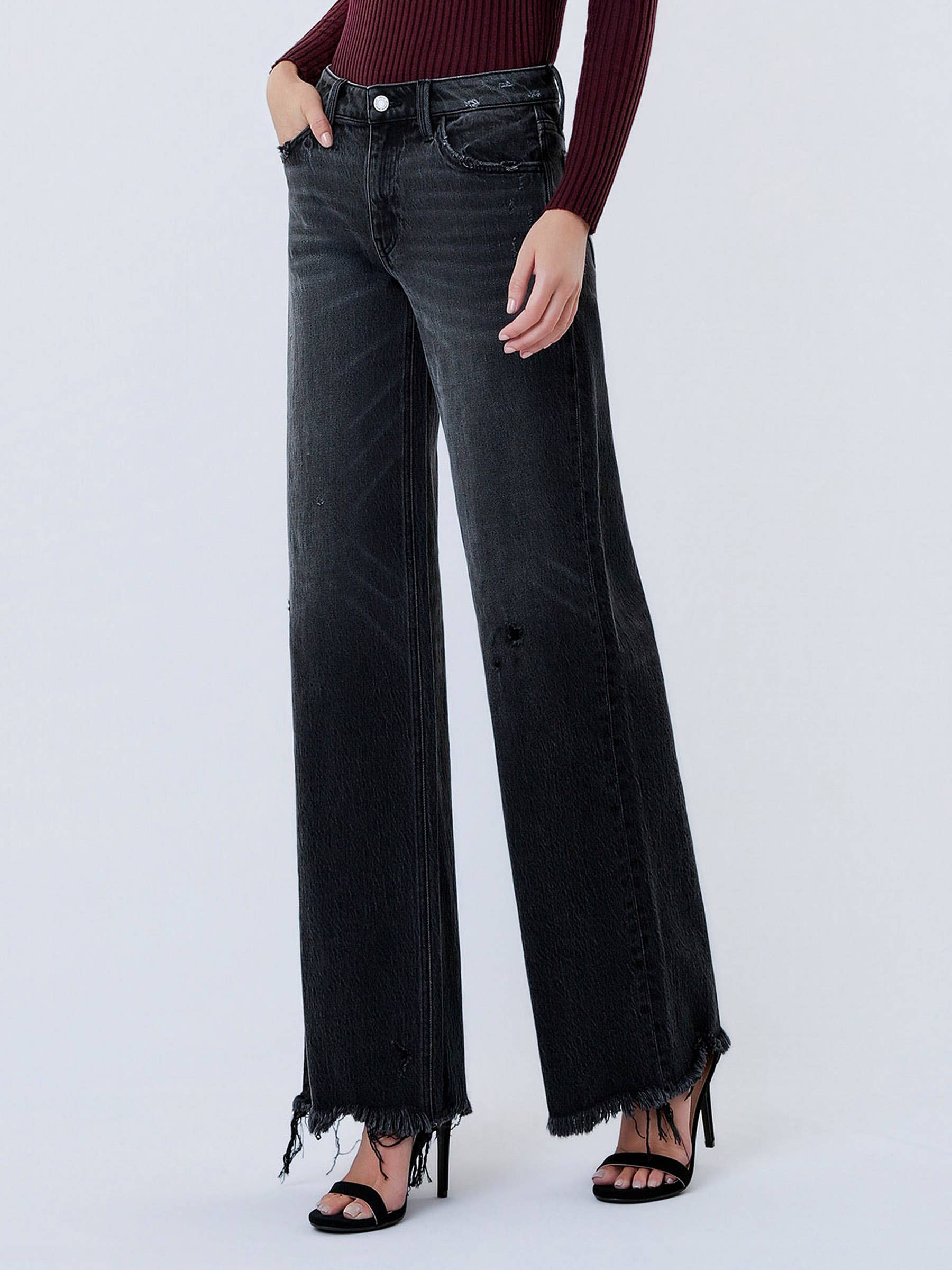 Olivia Distressed Hem Wide Leg Jeans — Washed Black
