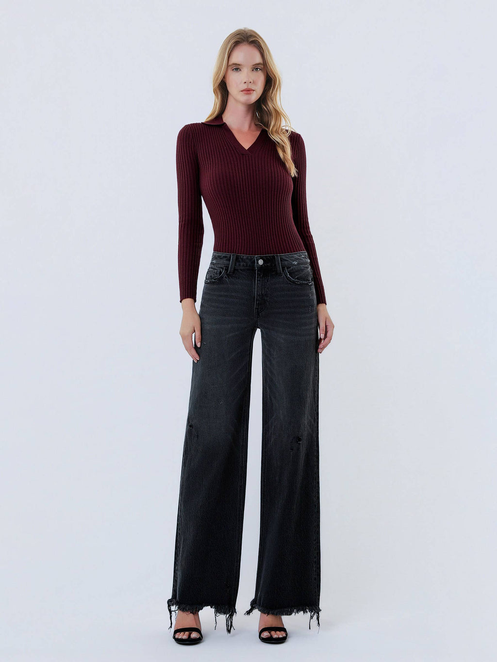 Olivia Distressed Hem Wide Leg Jeans — Washed Black