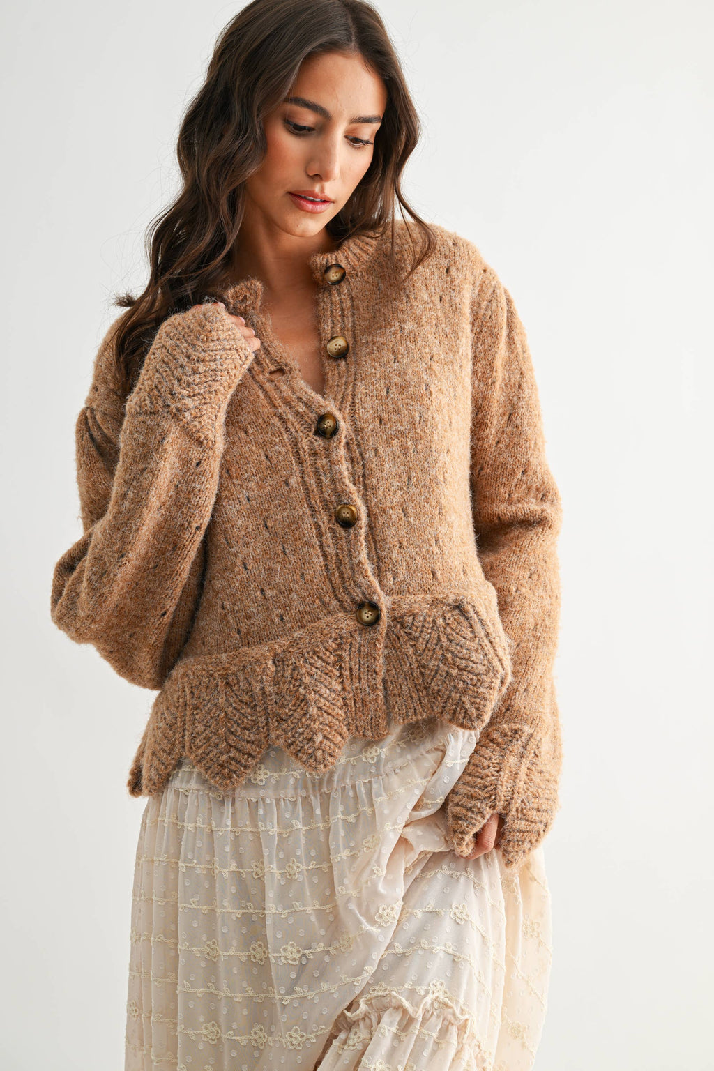 Scallop Hem Wool Blend Cardigan