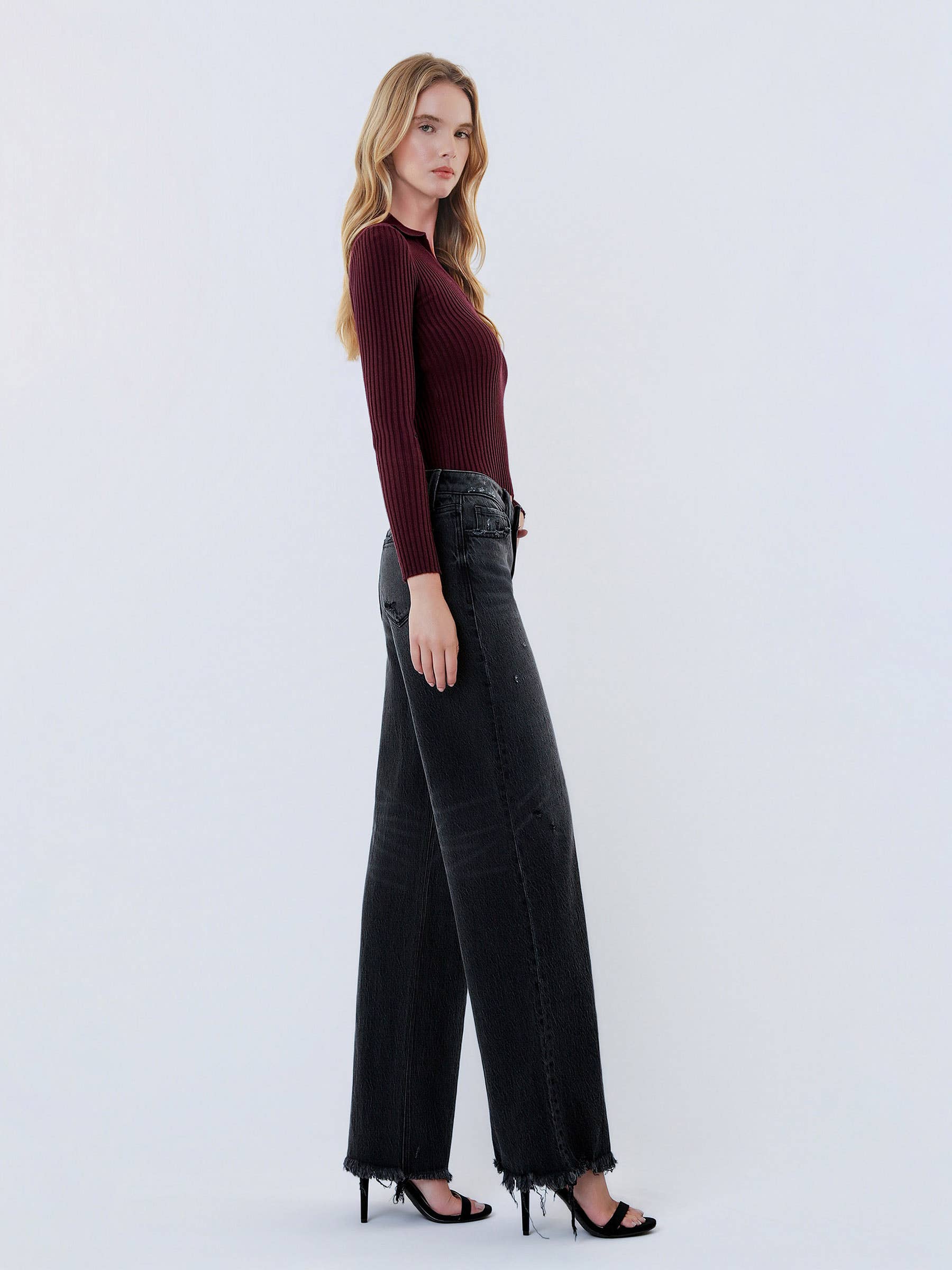 Olivia Distressed Hem Wide Leg Jeans — Washed Black