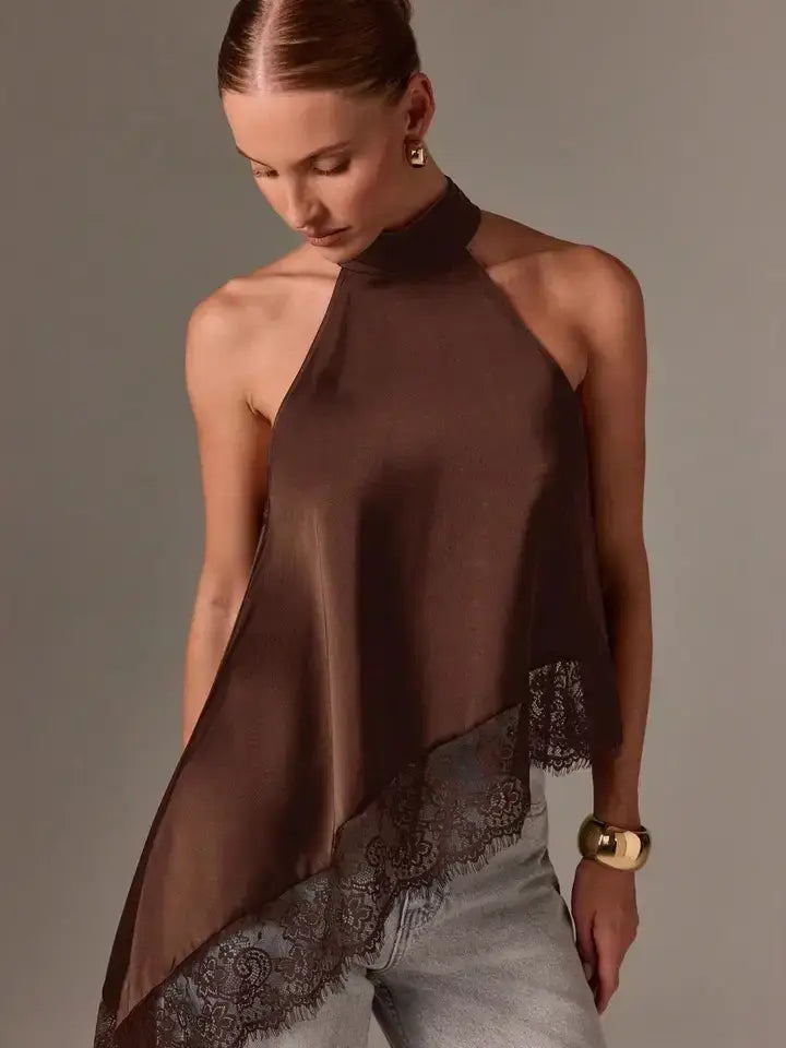 Lacey Asymmetric Satin Halter Top