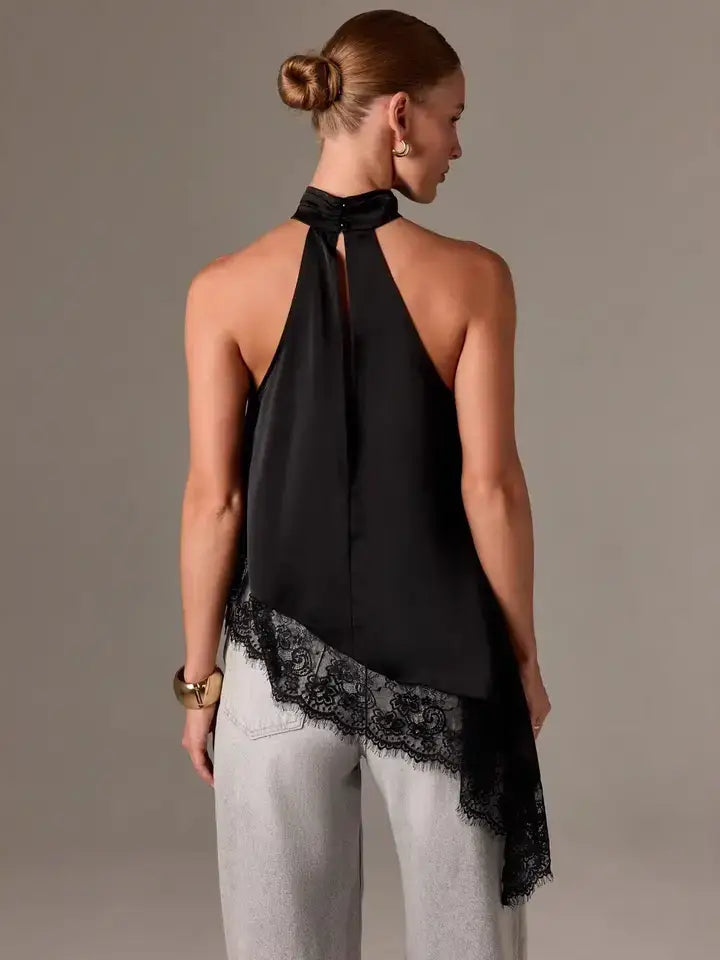 Lacey Asymmetric Satin Halter Top
