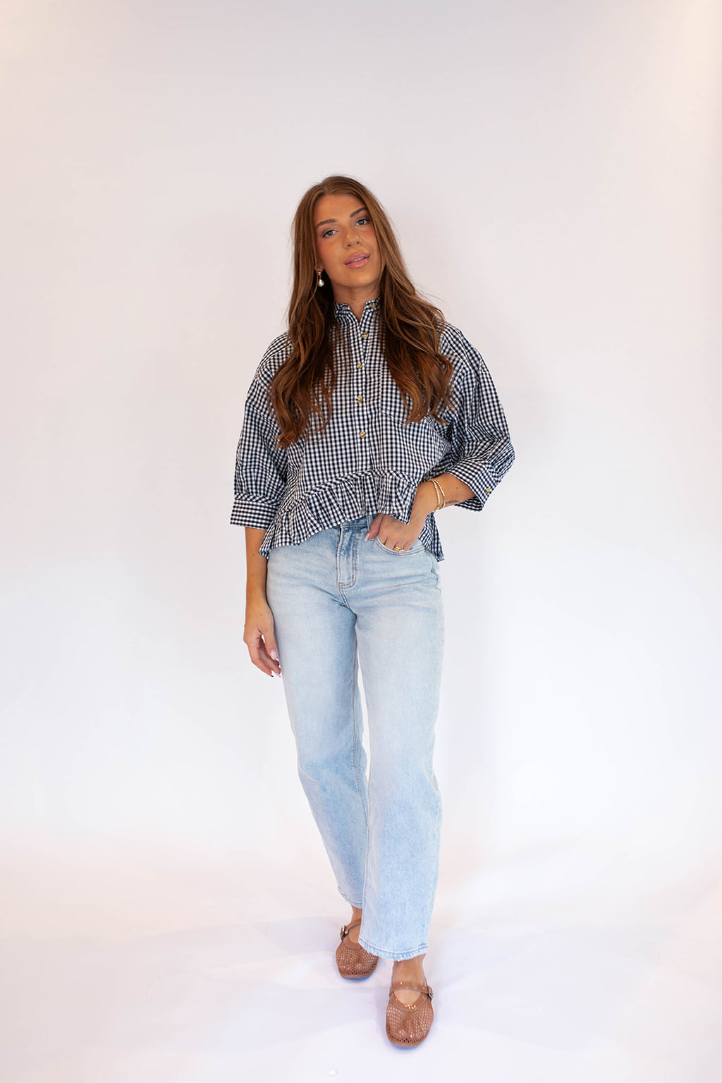 Tara Gingham Ruffle Hem Blouse