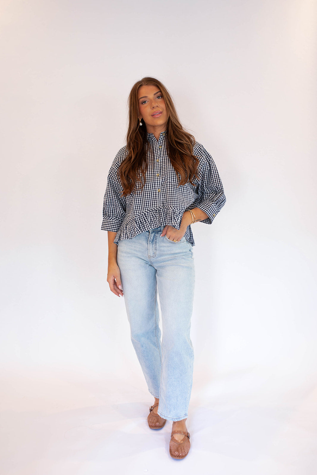 Tara Gingham Ruffle Hem Blouse