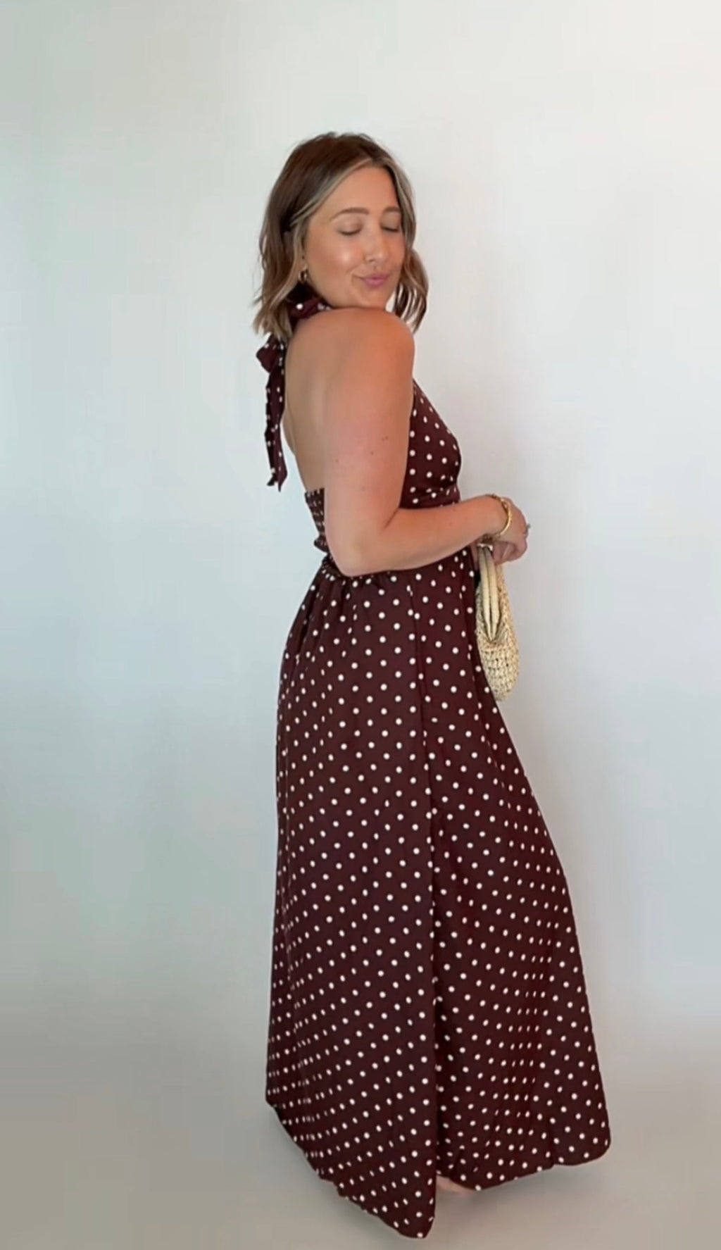 Espresso Polka Dot Halter Maxi Dress