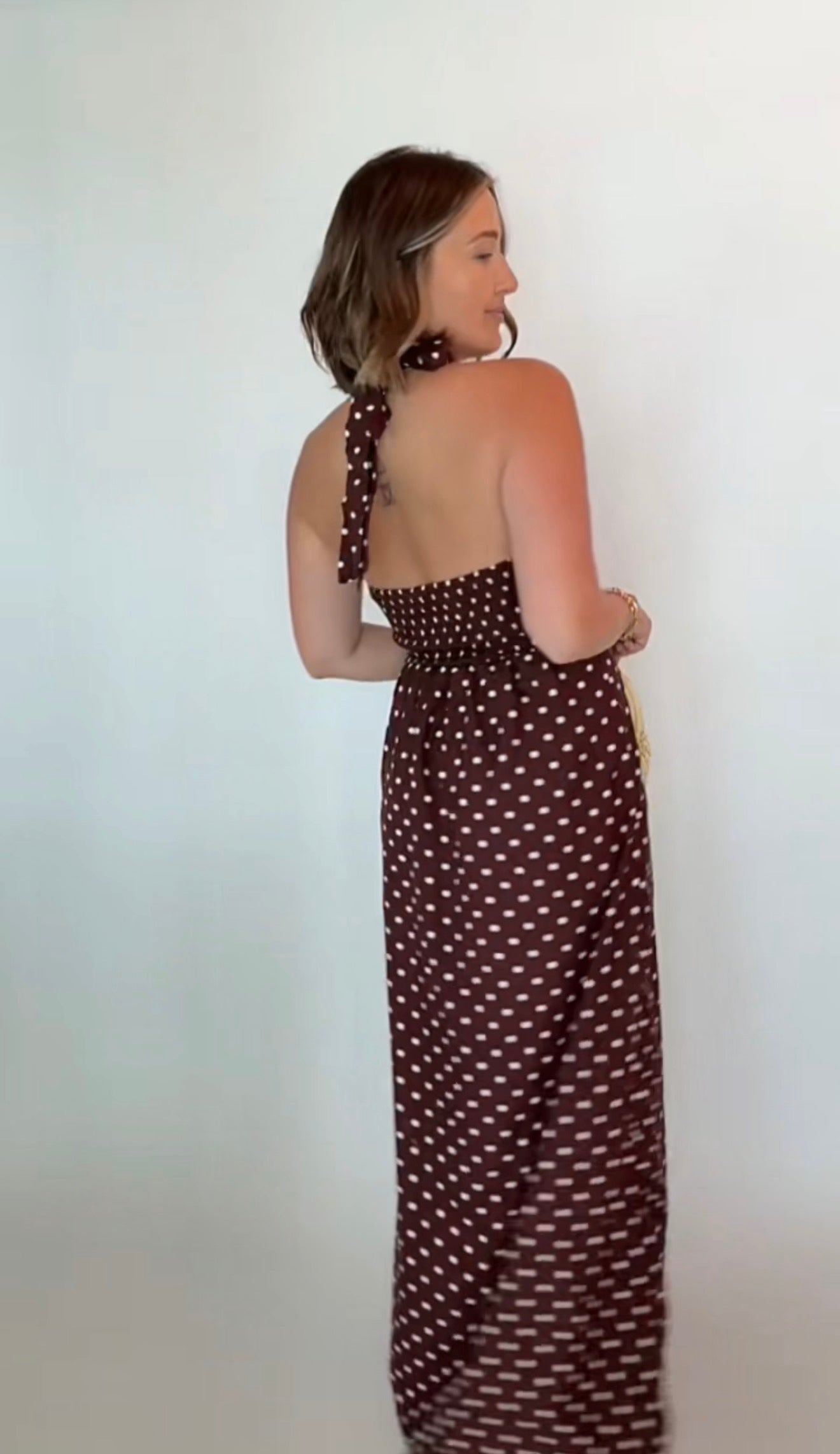 Espresso Polka Dot Halter Maxi Dress