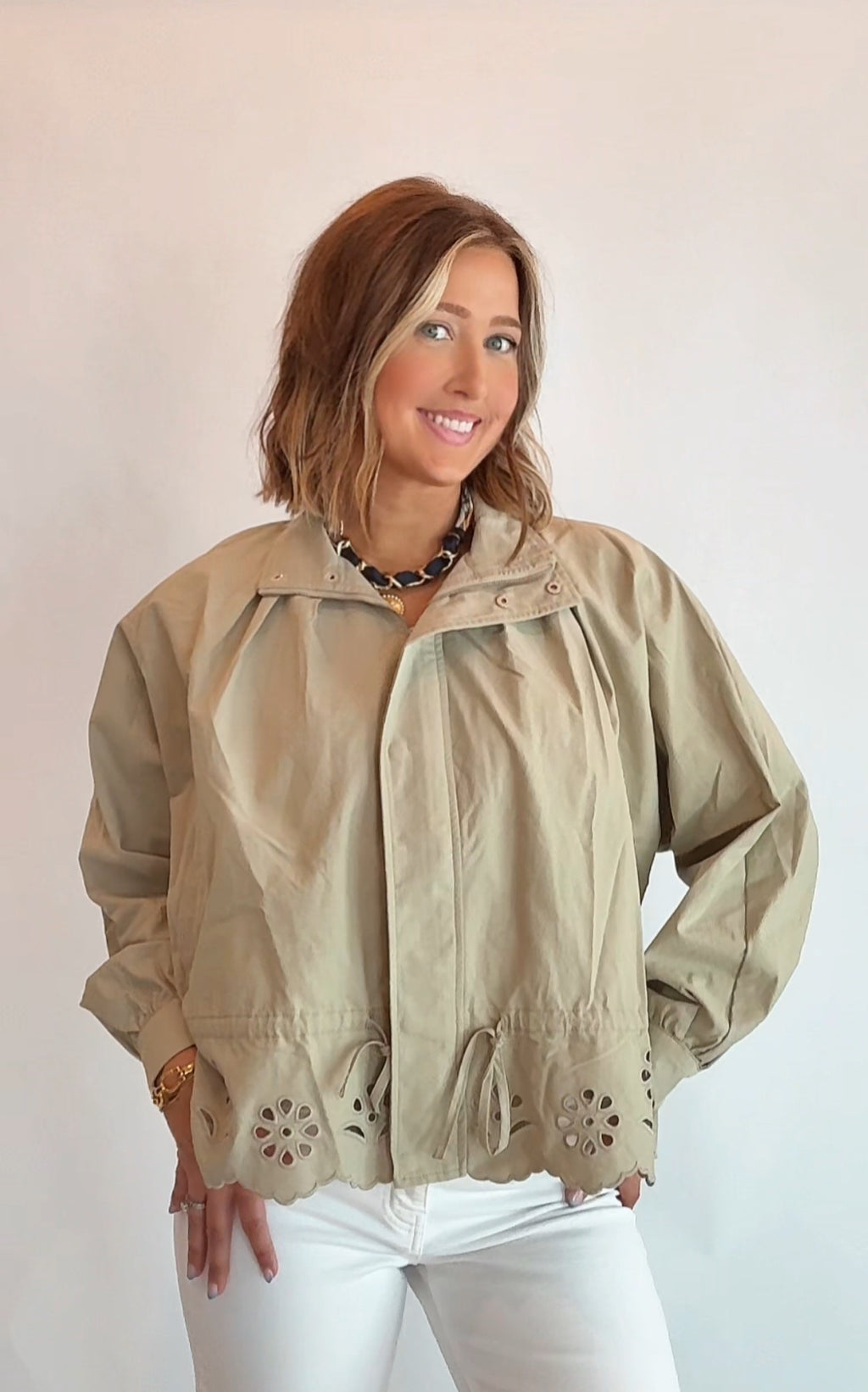 Eyelet Scallop Tie-Waist Jacket