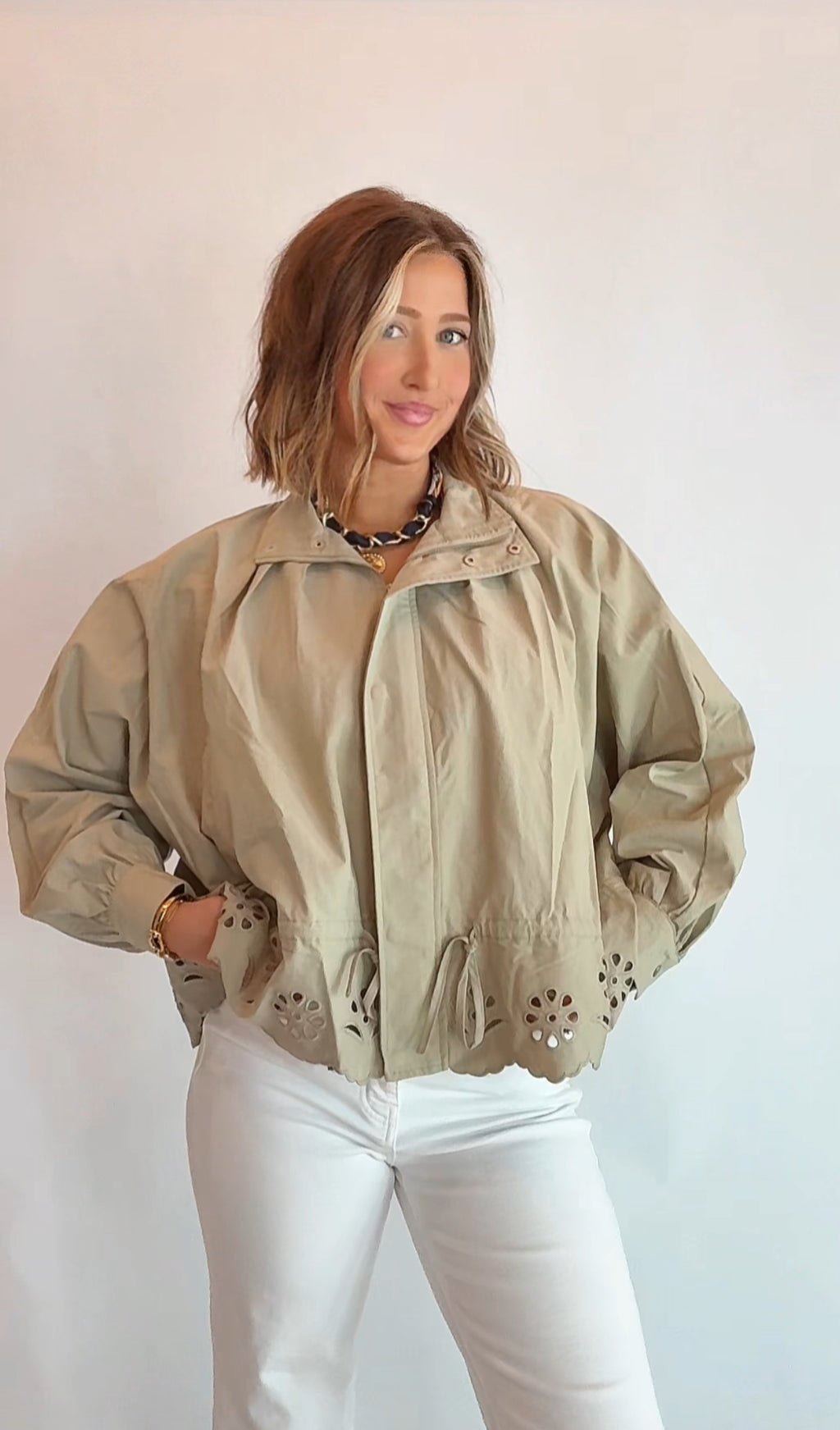 Eyelet Scallop Tie-Waist Jacket