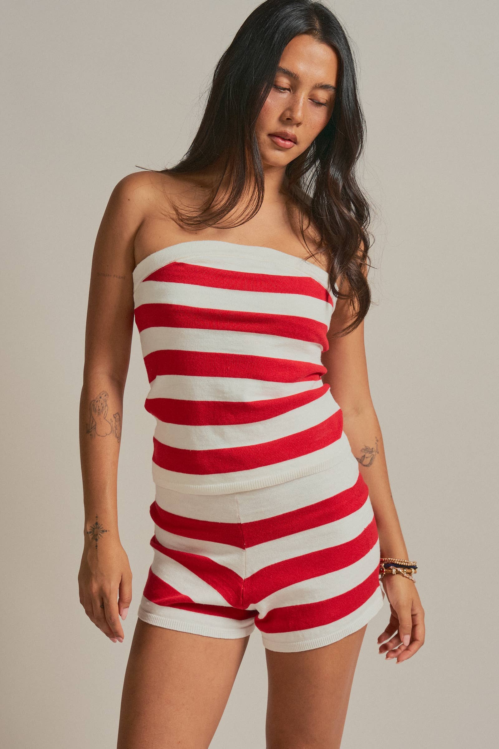 Striped Knit Bandeau Short Set
