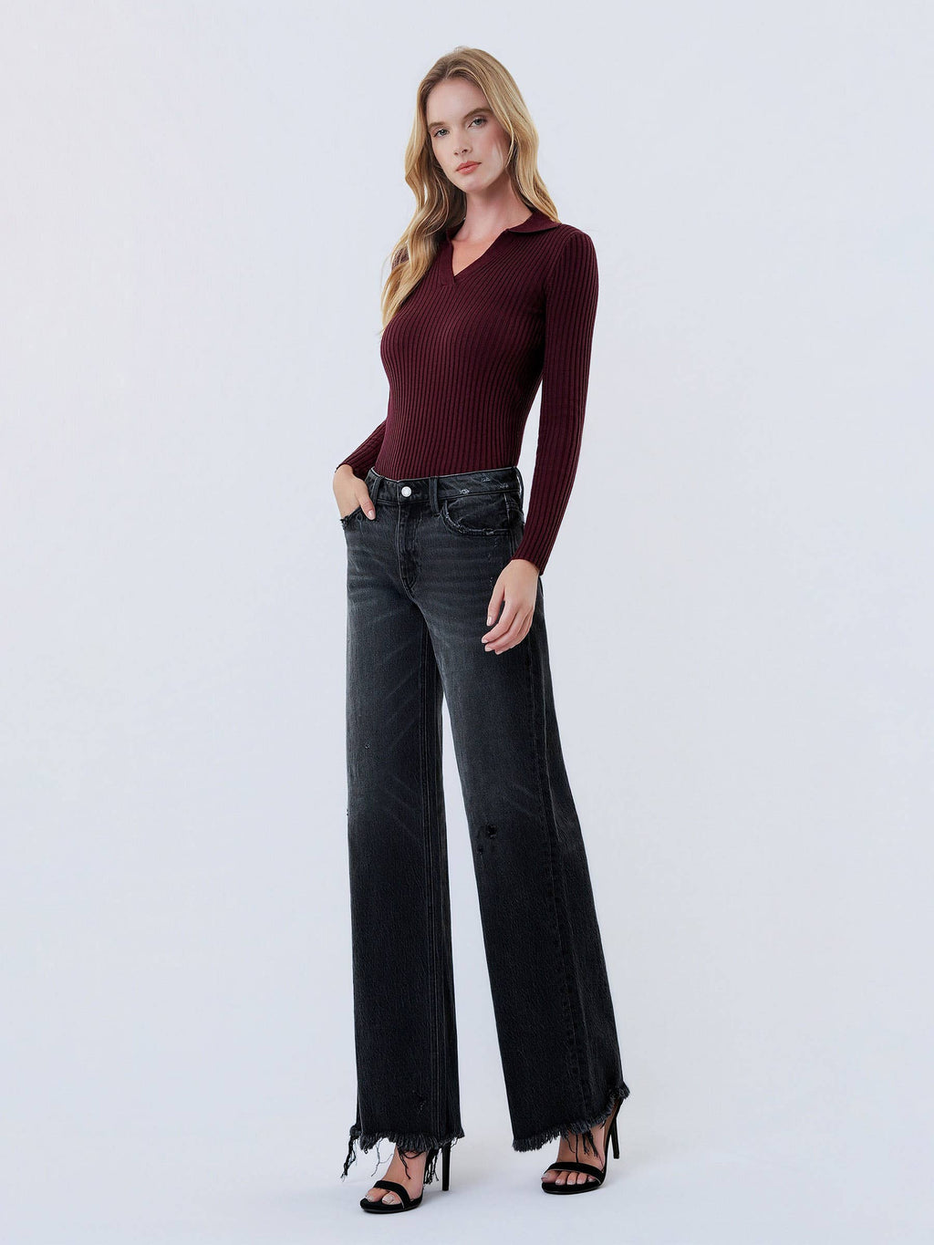 Olivia Distressed Hem Wide Leg Jeans — Washed Black
