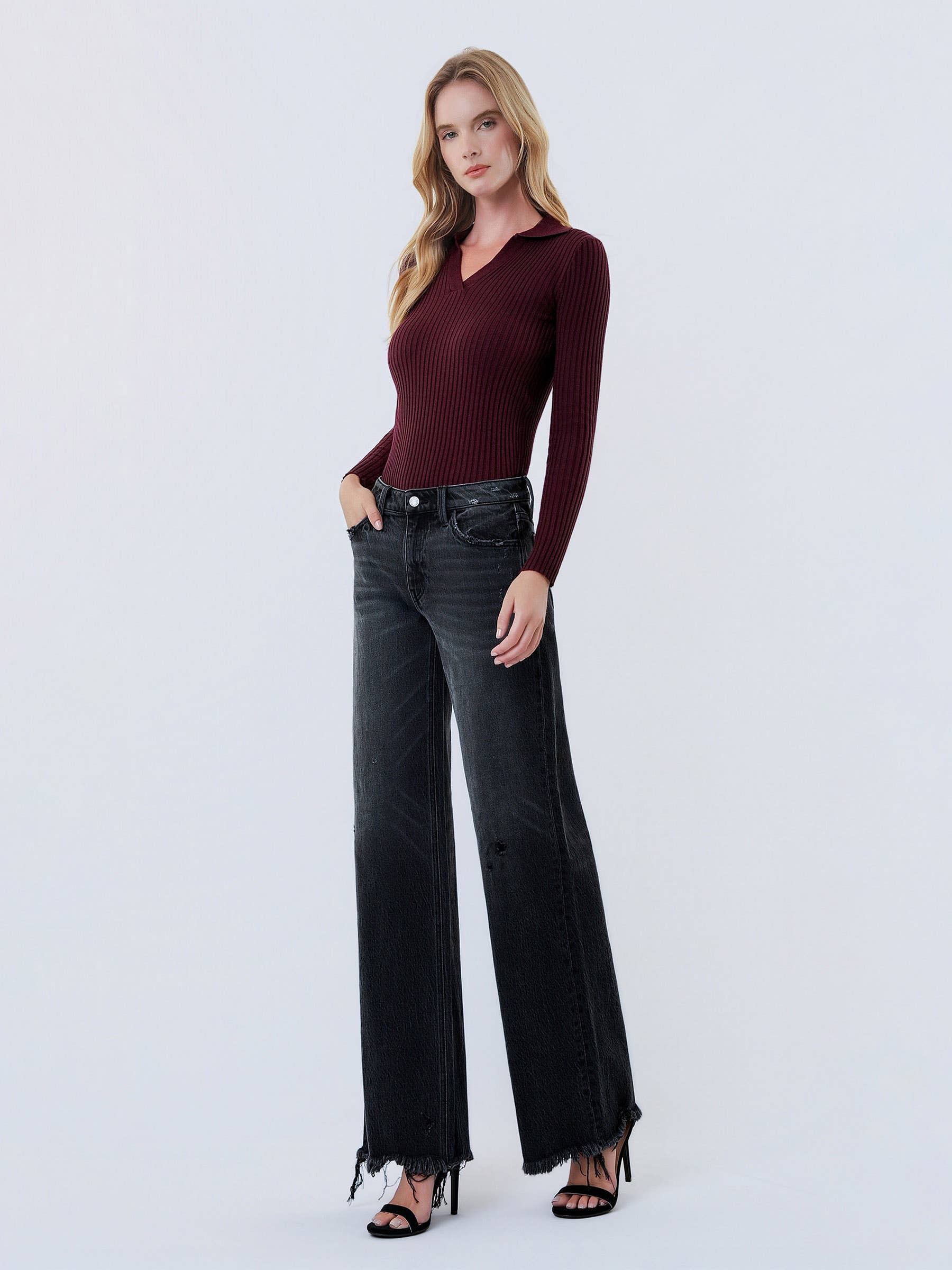Olivia Distressed Hem Wide Leg Jeans — Washed Black