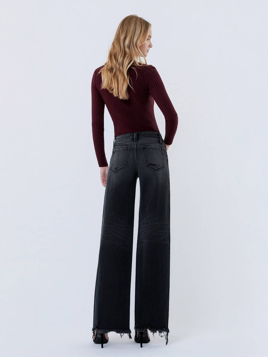Olivia Distressed Hem Wide Leg Jeans — Washed Black