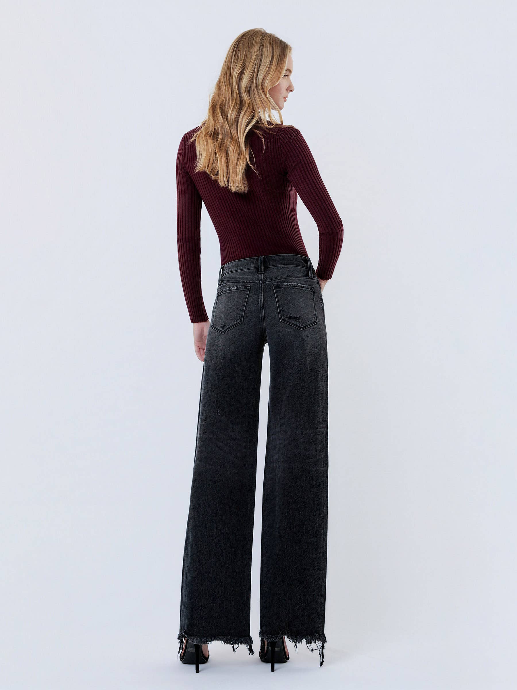 Olivia Distressed Hem Wide Leg Jeans — Washed Black