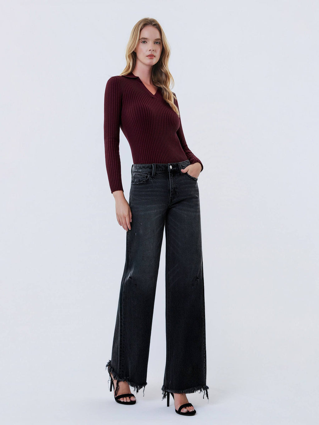 Olivia Distressed Hem Wide Leg Jeans — Washed Black