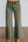 Army Green Distressed Raw Edge Wide Leg Jeans